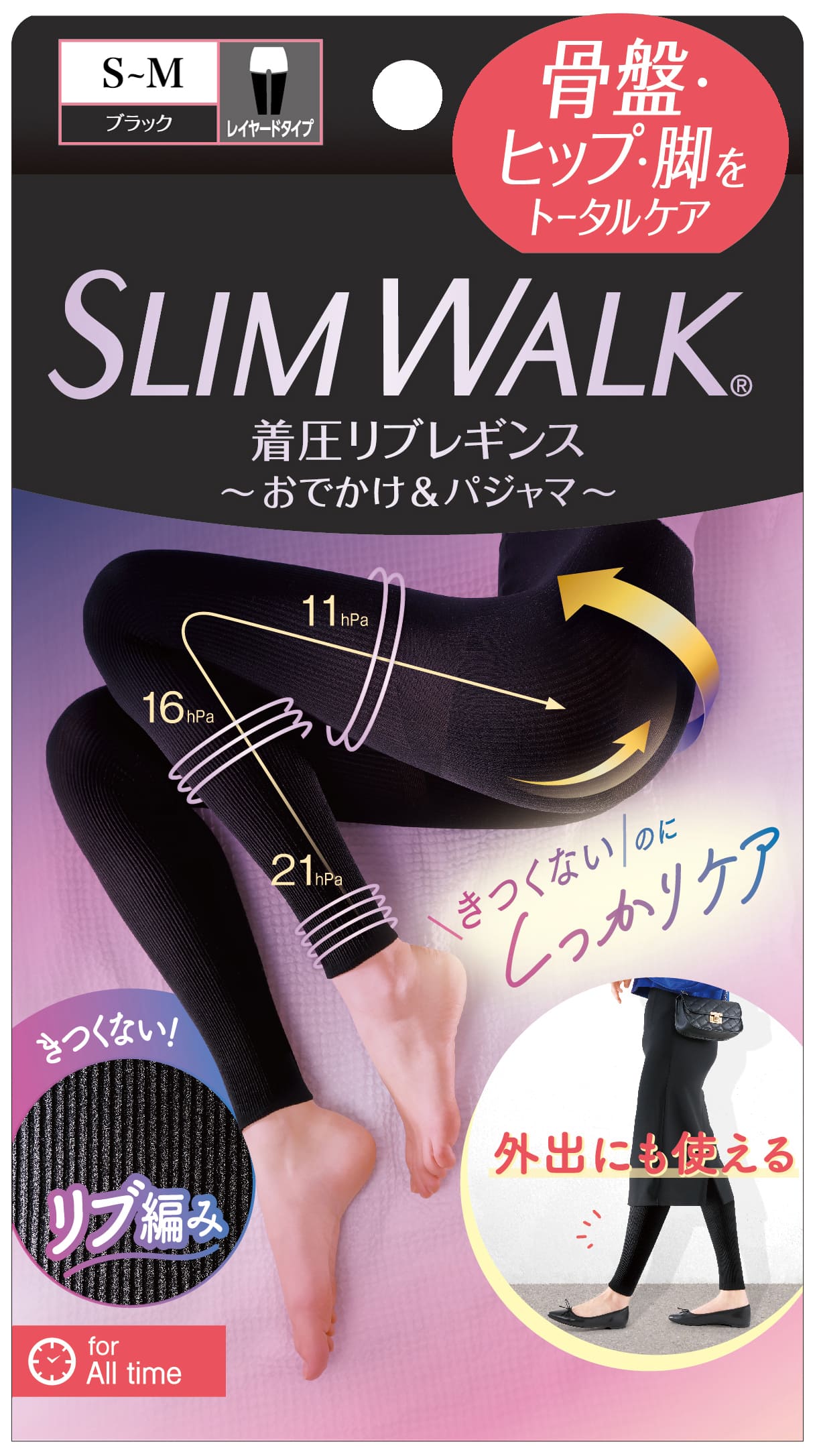 SLIMWALK, Compression Leggings, Rib stitch, Black S-M (PIP