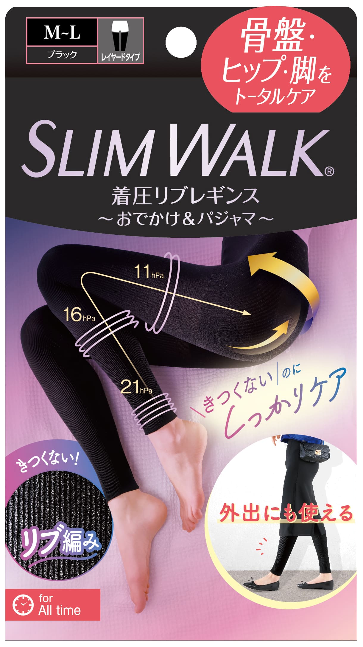 SLIMWALK, Compression Leggings,Rib stitch, Black M-L (PIP